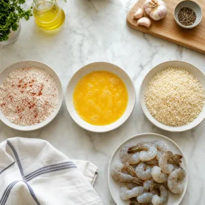 Breading station with seasoned flour, beaten eggs, panko breadcrumbs, and shrimp