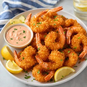 Crispy fried shrimp served with lemon wedges and dipping sauce