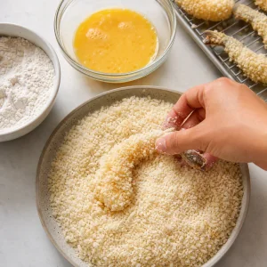 Floured shrimp coated in beaten egg and pressed into panko breadcrumbs