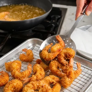 Fried shrimp lifted from the oil and drained on a wire rack