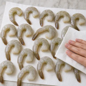 Raw shrimp patted dry on paper towels before breading