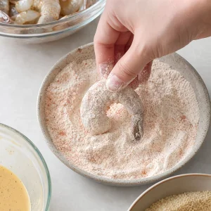 Shrimp dredged in seasoned flour with excess shaken off
