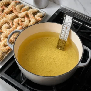 Vegetable oil heating in a Dutch oven with a thermometer near 350°F