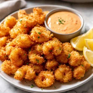 Crispy golden popcorn shrimp served with spicy dipping sauce and lemon wedges.