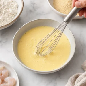 Eggs and buttermilk whisked together in a shallow bowl.