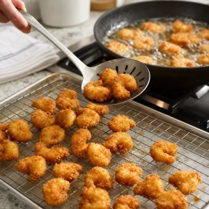 Golden fried popcorn shrimp draining on a wire rack.