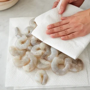 Raw shrimp being patted dry with paper towels before breading.