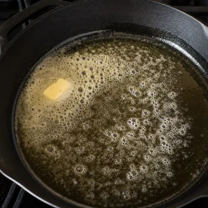 Butter and oil foaming in a hot skillet for hash browns