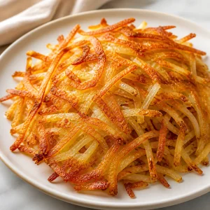 Crispy golden shredded hash browns served immediately while hot