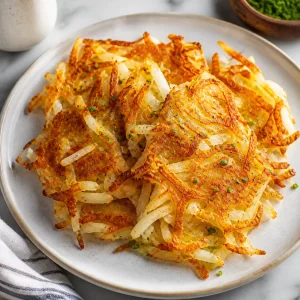Finished crispy golden shredded hash browns served hot on a plate
