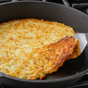 Hash browns cooking undisturbed with a deeply golden crispy underside
