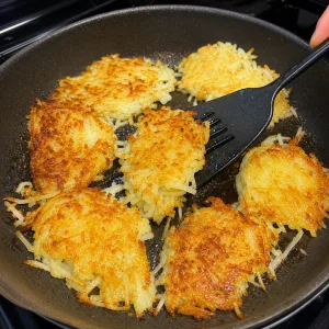 Hash browns flipped in sections and browned until crisp on both sides