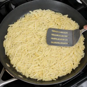 Seasoned shredded potatoes spread evenly in a skillet and pressed with a spatula