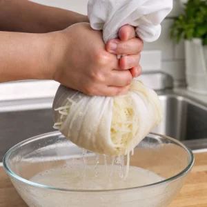 Shredded potatoes twisted in a clean towel to squeeze out liquid