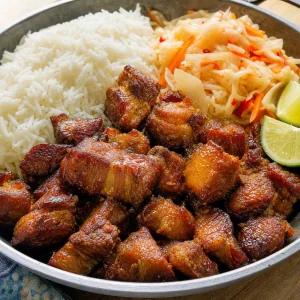 Griot haitiano crujiente servido con arroz al vapor, pikliz y gajos de lima.