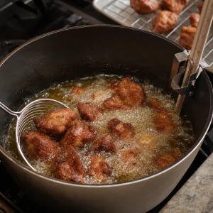 Trozos de cerdo griot haitiano se frien en aceite caliente hasta quedar dorados y crujientes.
