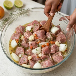 Cubos de paleta de cerdo en marinada citrica de griot con ajo, cebolla, tomillo y scotch bonnet.