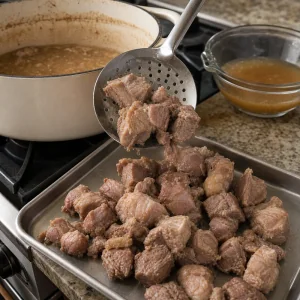 Trozos tiernos de cerdo cocido se sacan de la olla y se pasan a una bandeja para enfriar.