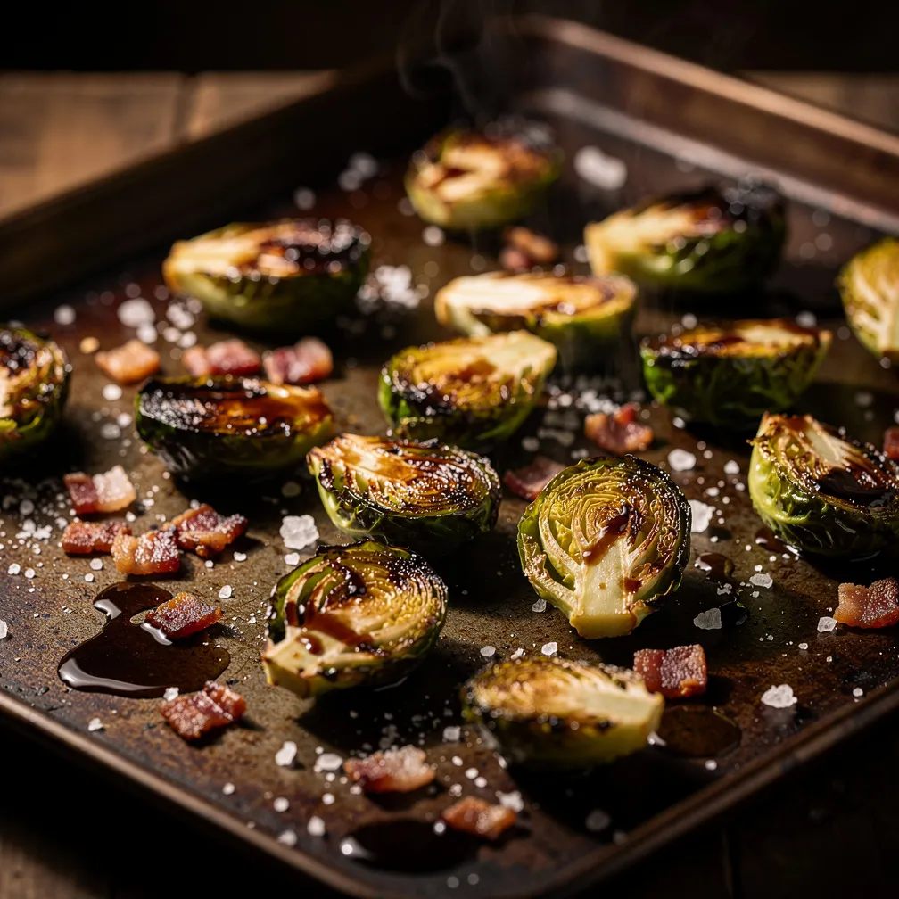 A tray of crispy roasted Brussels sprouts with balsamic glaze and bacon bits