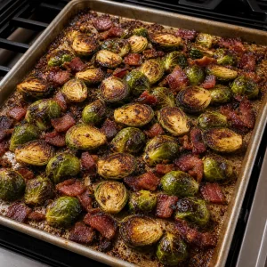 Cavoletti di Bruxelles ben dorati con pancetta croccante sulla teglia