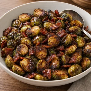 Cavoletti di Bruxelles croccanti al miele e balsamico con pancetta in una ciotola