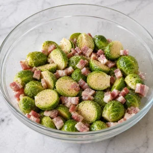 Cavoletti di Bruxelles tagliati a metà e pancetta a cubetti conditi con olio e spezie