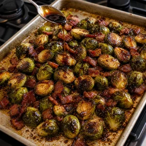 Miele e glassa balsamica versati sui cavoletti di Bruxelles arrosto e pancetta