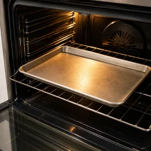 Forno preriscaldato con una teglia bordata vuota all’interno