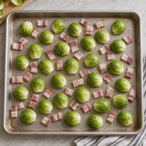 Cavoletti di Bruxelles conditi e pancetta disposti sulla teglia con il lato tagliato in basso