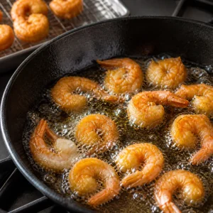 Gamberi ricoperti di amido di mais fritti in olio bollente finche sono dorati e croccanti.