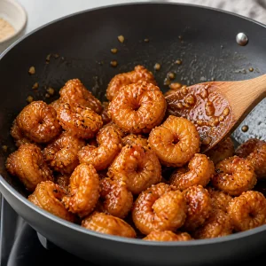 Gamberi fritti croccanti mescolati con glassa appiccicosa al miele e aglio.