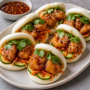 Mini bao buns con gamberi croccanti al miele e aglio serviti caldi su un piatto.