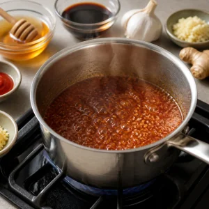 Miele, salsa di soia, aglio, zenzero e sriracha sobbollono fino a diventare una glassa lucida.