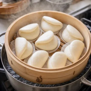 Mini bao buns cotti al vapore in un cestello di bambu finche sono gonfi e morbidi.