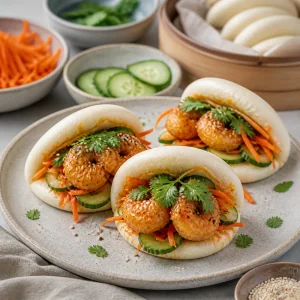 Mini bao buns caldi farciti con gamberi glassati, slaw marinato, coriandolo e sesamo.