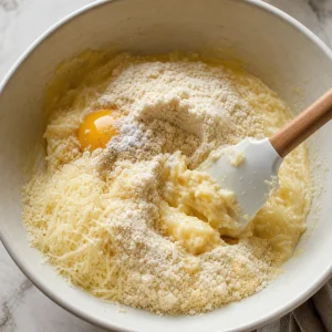 Farinha de amendoa e ovo misturados numa massa de queijo pegajosa