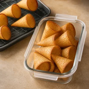 Cones keto assados guardados num recipiente hermetico transparente