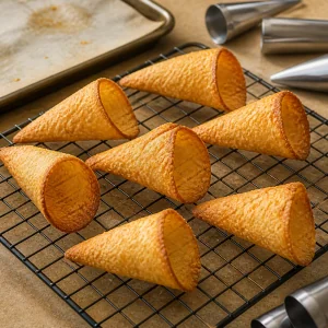 Cones de tortilha dourados e crocantes a arrefecer numa grelha