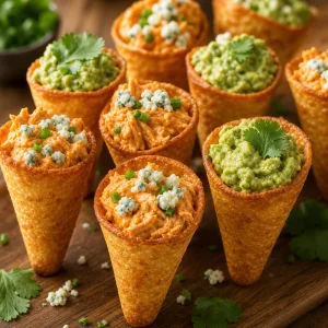 Cones keto crocantes recheados com frango buffalo e abacate