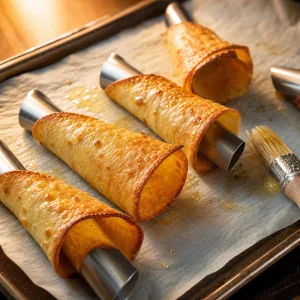 Cones keto dourados em moldes metalicos com pincel por perto
