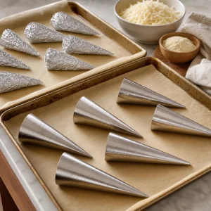 Moldes de cone untados em tabuleiros com papel vegetal