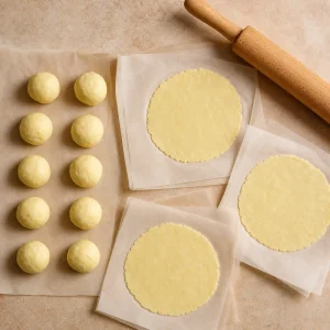 Porcoes de massa keto achatadas em circulos finos sobre papel vegetal