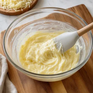 Mozarela e queijo creme derretidos numa tigela de vidro