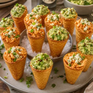 Travessa de festa com cones de tortilha keto crocantes recheados