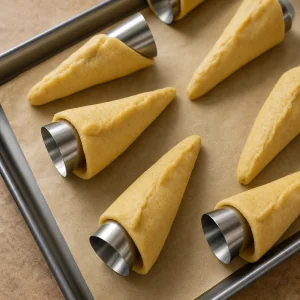 Massa keto fina enrolada em moldes metalicos de cone