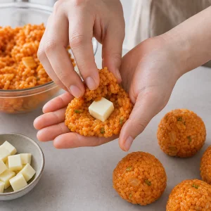 Ein Mozzarellawürfel liegt auf flach gedrücktem Kimchi-Reis, bevor ein Ball geformt wird.