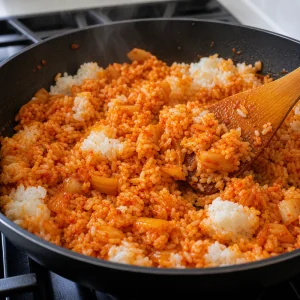 Gekochter Reis wird in die Kimchi-Mischung eingerührt, bis die Körner überzogen sind.