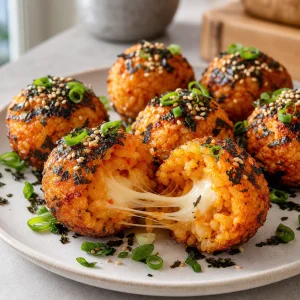 Crispy kimchi fried rice balls with melted mozzarella, seaweed flakes, sesame seeds, and green onions on a plate.