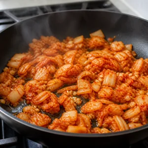 Kimchi und gehackter Knoblauch braten in Öl in einer Pfanne.