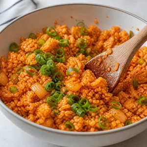 Kimchi-Bratreis kühlt in einer Schüssel mit Sesamöl und Frühlingszwiebeln ab.